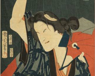 Lot 2018
Toyohara Kunichika (Japanese, 1935-1900) Woodblock in Colors on Paper, 1868, "Ichimura Kakitsu IV As Dakki No Ohyaku", H 14" W 9.75"