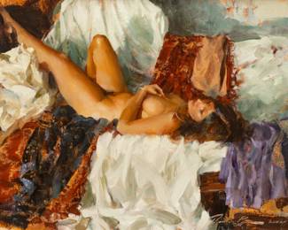 Lot 1010
Ramon Kelley (American, B. 1939) Figurative Nude Oil Painting on Canvas, 1985, "Sweet Harmony", H 14" W 18"