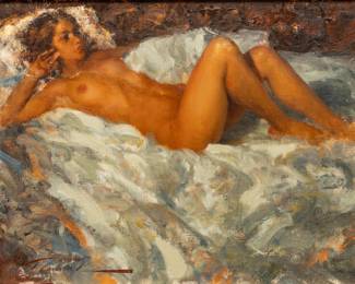 Lot 1012
Ramon Kelley (American, B. 1939) Figurative Oil Painting on Canvas, "The Golden Nude", H 11" W 14" 1 pc