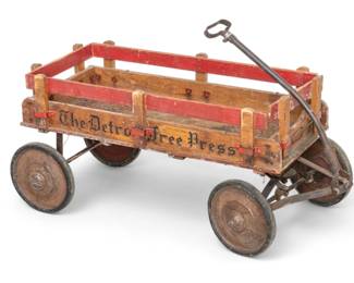 Lot 2000
Detroit Free Press Wood And Iron Newspaper Delivery Wagon Ca. 1920-1930, H 18" W 17" L 41"