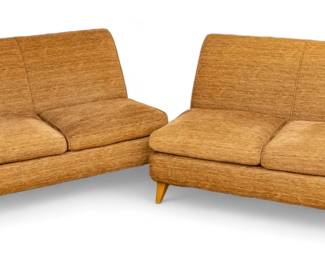 Lot 1025
Attributed to Heywood-Wakefield Co. (American) 'Margaret' Upholstered Birch Settees, H 31" W 52" Depth 23" 1 Pair