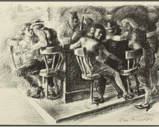 Lot 2044
Ben Messick (American, 1909-1970) Lithograph on Wove Paper, 1940, "B-Girls at Work", H 12.75" W 17.5"