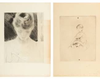 Lot 2039
Berthe Morisot (French, 1841-95) Drypoint Etching on Laid Paper, Ca. 20th C., "La Fillette Au Chat (Julie Manet)", H 5.8" W 4.6" 2 pcs