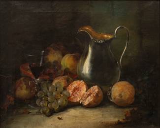 Lot 1008
John F. Francis (American, 1808-1886) Oil on Canvas Ca. 1860-1880, "Still Life with Fruit, Silver Pitcher, And Wine", H 16" W 20"