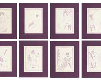 Lot 2043
After Aubrey Beardsley (British, 1872-1898) Lithographs in Purple on Paper, Ca. 1940, "The Lyistrata of Aristophanes: 8 Plates", H 12" W 9"
