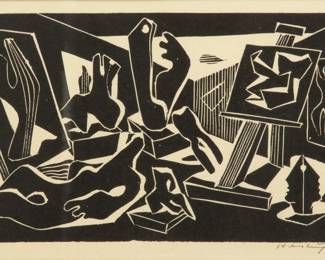 Lot 2028
Karl Hartung (German, 1908-1968) Woodblock on Paper, 1946, "Im Atelier (Artists Studio)", H 5.75" W 9.4"