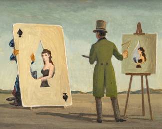 Lot 2009
Surrealist Oil on Academy Board, Ca. 1930, "Artist Painting Queen of Spades", H 8.5" W 11"
