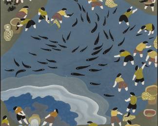Lot 2015
Tadashi Asoma (American/Japanese, 1923-2017) Acrylic on Paper, "Fishing Scene", H 23" W 23"