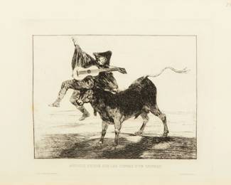 Lot 2031
Francisco Goya (Spanish, 1746-1828) Etching on Laid Paper Ca. 20th C., Aveugle Enlevé Sur Les Cornes D'un Taureau, H 6.8" W 8.5"