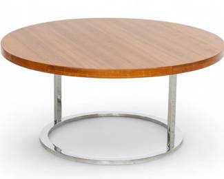 Lot 1037
Style of Milo Baughman (American, 1923-2003) Round Walnut Top & Steel Table, H 17" Dia. 36"
