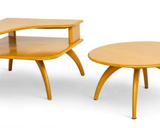 Lot 1033
Heywood-Wakefield Co. (American) Mid-Century Modern Birch Swiveling Cocktail Table & Corner Table, Ca. 1960, H 16" Dia. 31.5" 2 pcs