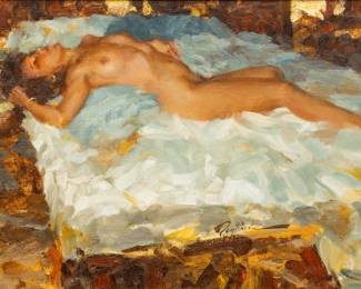 Lot 1013
Ramon Kelley (American, B. 1939) Figurative Nude Oil Painting on Canvas, "Gold on Blue", H 12" L 18"