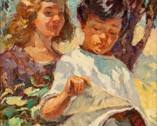 Lot 2002
Jose Manuel Chico Prats (Spanish, 1916-2006) Oil on Canvas, "Two Children Reading", H 18.75" W 15"