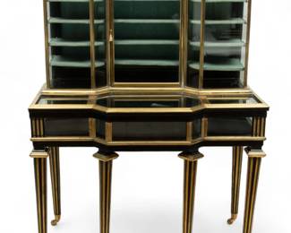 Lot 1053
French Brass Trimmed Ebony Wood Louis XVI Style Vitrine Cabinet, H 58" W 44" Depth 25"