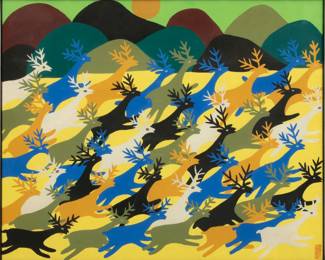 Lot 2016
Tadashi Asoma (American/Japanese, 1923-2017) Acrylic on Paper "Deer in Mountain Landscape", H 20.5" W 25.5"