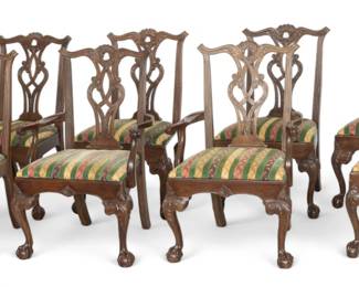 Lot 1047
Henredon (American) Chippendale Style Mahogany Dining Chairs, Set of Eight, Ca. 1980, H 39.5" W 26" Depth 19" 8 pcs
