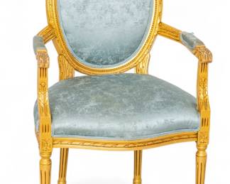 Lot 1051
Louis XVI Style Gilt Open Arm Chair, Ca. 1960, H 40" W 24" Depth 18"
