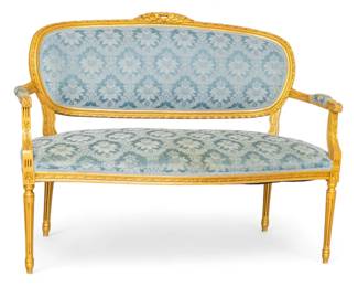 Lot 1050
French Louis XVI Style Gilt Frame Open Arm Loveseat, Ca. 1960, H 38" W 53" Depth 22"