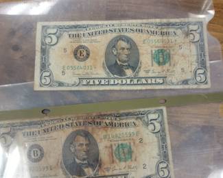Vintage $5 bills one's a star note.