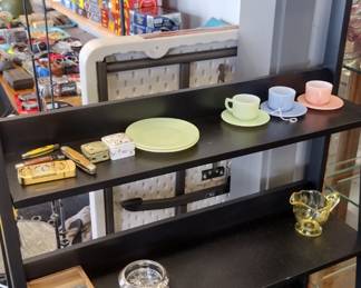 decanter set, hazel atlas cups pocketknives and awesome shelf