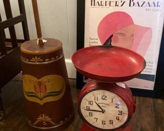 Wooden butter churn, tole painted