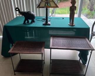 Stained Glass Lamp, 2 Wicker and Metal Tables
