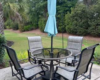 Patio Table with 4 chairs, rdfeeders, Shepherds Hook