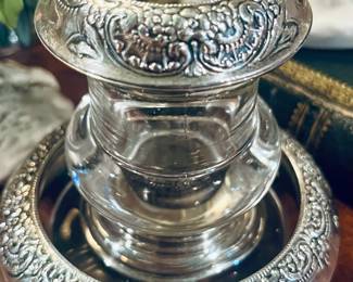 1930s sterling Silver smoke set by Saint Louis Paris in carved thickly carved rock crystal and repousse.