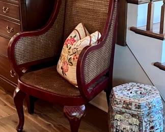 Fabulous chinoiserie caned chair on oxblood red lacquer