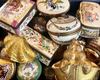 We found 30 or more Limoges and Meissen boxes from the 1800s in a wooden trunk!