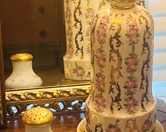 Stunning fine French porcelain lamp in pinks and gold 