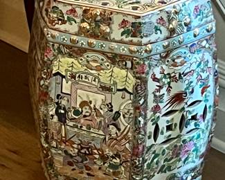 Very old familial rose or Canton rose large porcelain garden stool…great colors!