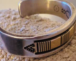 Spectacular Handmade Native American Navajo 14k gold & sterling silver stamped cuff Bracelet by artist Bruce Morgan. Stamped sterling & 14k and by artist.   128 grams! Retail is $1600
