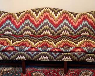 Fabulous Chippendale sofa in a wonderful jewel tone flame stitch.  Mint condition!