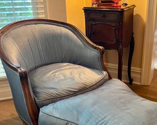 Amazing Louis XIV Shantung silk chair in powder blue with complimentary ottoman.  This is a rare find indeed.