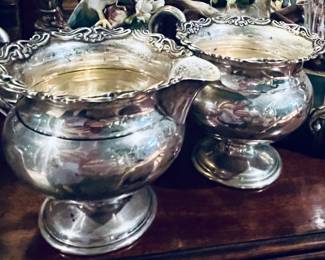 Heavy 1940s sterling creamer and sugar in a larger size.