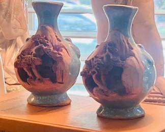 Miniature Banko Ware Pottery Vase Glaze 3-D Relief Bonsai Green Japan 4"