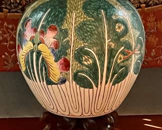 Antique Bok Choy vase on elmwood stand in a large size