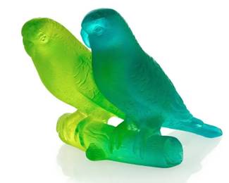 DAUM France Pate De Verre Crystal Love Bird Parakeets Figurine with Original Box
