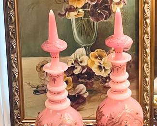 19th C Bohemian Decanters Made For The Persian Market…quite possible the most unusual shade of coral pink!