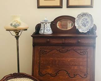 Dark oak flat front small secretary 