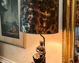 Circa 1930s tortoise lamp shade atop an antique bronze dated 1870s on a black Italian marble base.  Gorgeous piece!