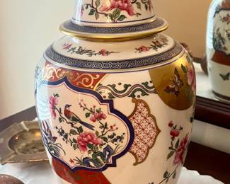 Large pair of Bird of Paradise temple jars made exclusively for Bergdorf Goodman circa 1940s