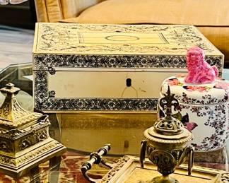 Scrimshaw box and antique brass inkwells from France 