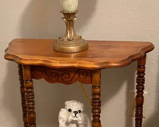 Vintage wood twist end table with lamp and Vintage Dog Bank.
