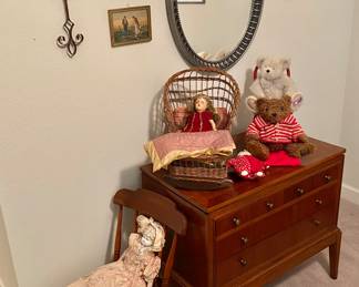 Antique Porcelain doll, rocker and Beautiful inlaid wood Chest.