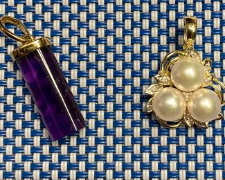14K gold Purple Jade pendant and 14k gold with accent diamonds 3 Pearl pendant.