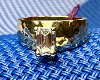 Beautiful Quality Emerald Cut Diamond Solitaire set in hammered 14k Solid Gold band
