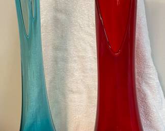 2 Midsize Red & Blue Stretch/Thrown 50's - 60's Glass Vases. ALL THREE ARE EXCELLENT!