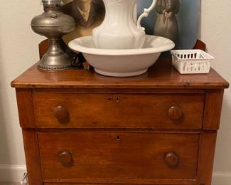 Great Antique 3 Drawer Chest, converted oil lamp, plus pitcher and bowl.